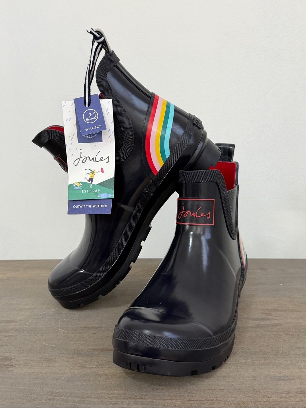 Joules Wellibob Women’s Rain Boots Size 8 Navy Rainbow Ankle Removable Lining
